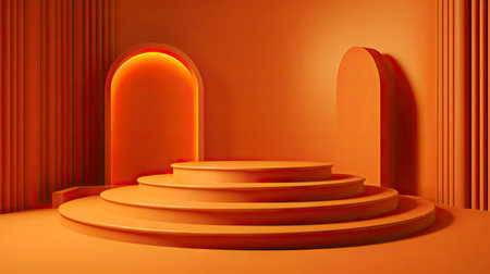 3d render, abstract orange background with podiums and arch, minimal designの素材