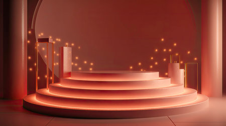 3d rendering of red podium with lights in the dark room.の素材