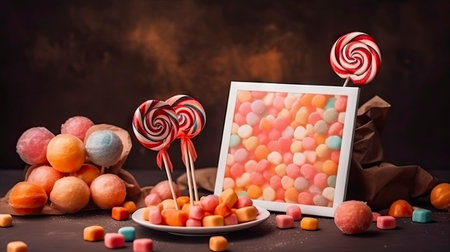 candies with marshmallows and lollipops on wooden backgroundの素材