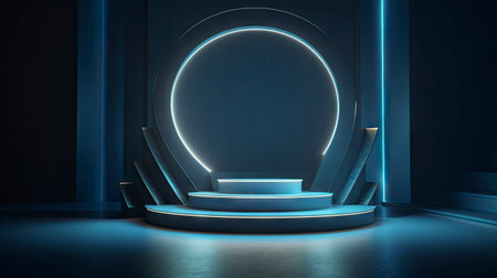 3d render, abstract background, empty scene with neon light, blue podiumの素材