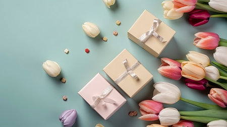 Gift boxes and tulips on blue background. Flat lay, top viewの素材