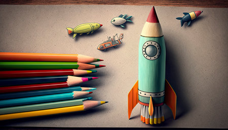 Rocket and colorful pencils on wood background. Back to school concept.の素材
