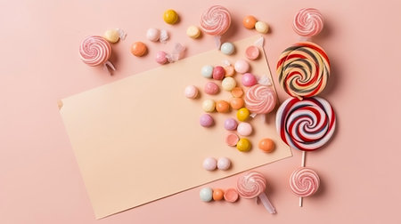 Colorful candies and blank paper on pink background, top viewの素材