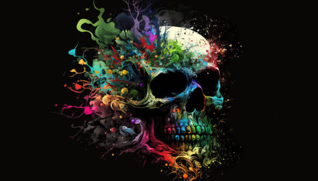 Skull with colorful splashes of paint on a black background.の素材