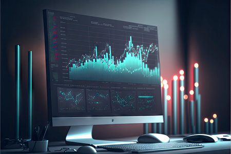 Computer screen with stock market graphs and charts. 3D Renderingの素材