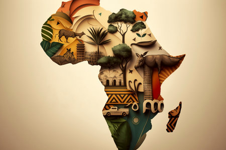 African ethnic map of Africa with african elements. Vector illustration.の素材