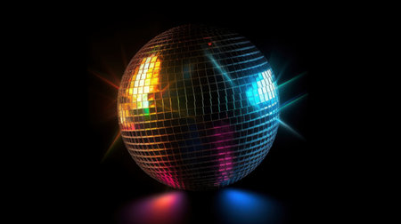 Disco ball with multicolor lights on black background. 3d illustrationの素材