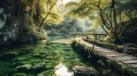 Beautiful green forest with wooden walkway and pond in the parkの素材