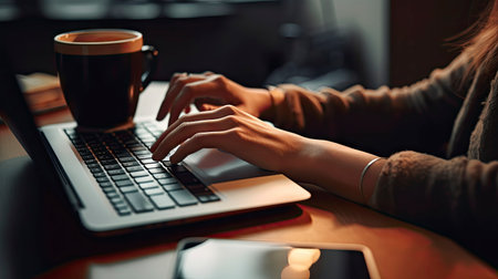 Close up of female hands typing on laptop keyboard and coffee cup on table in cafeの素材