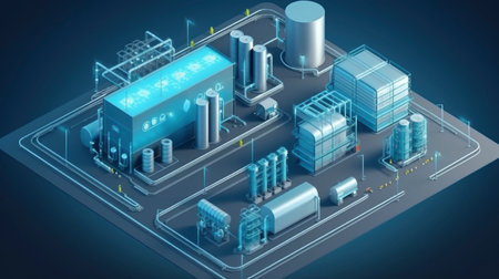 Isometric oil refinery on blue background, 3d rendering. Computer digital drawing.の素材