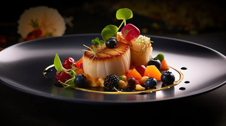 Caramelized scallops with fruits and berries on black plateの素材