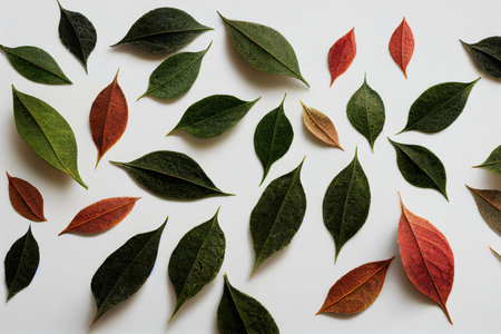 Autumn leaves on white background. Flat lay, top view.の素材