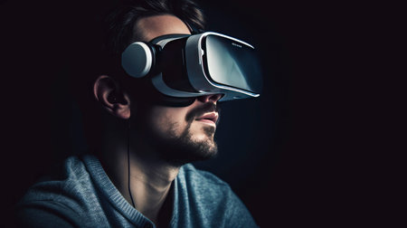 Portrait of a young man wearing virtual reality goggles on black backgroundの素材