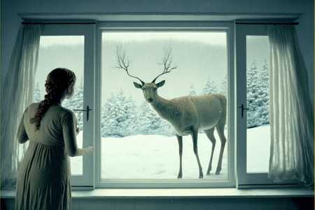 A young woman is standing by the window with a deer in winter.の素材