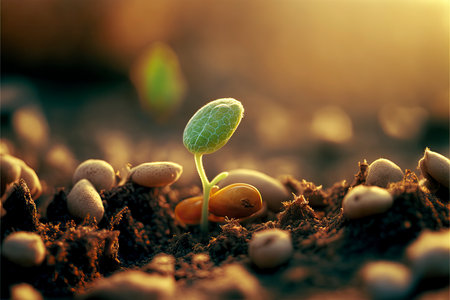 Green seedling growing from seed on the ground. New life conceptの素材