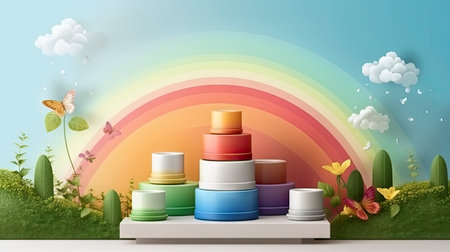 3d illustration of a stack of plastic bottle caps on the background of the rainbowの素材