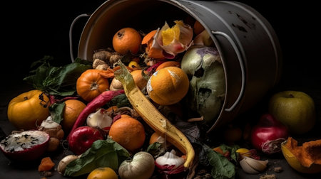 Still life of dried fruits and vegetables in a bucket on a black backgroundの素材