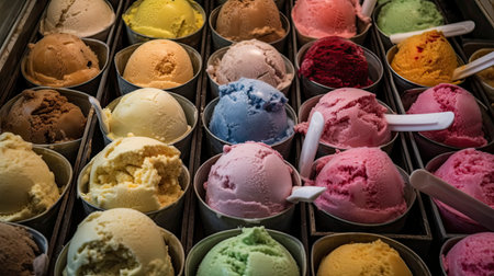Scoops of various flavors of ice cream in a box.の素材