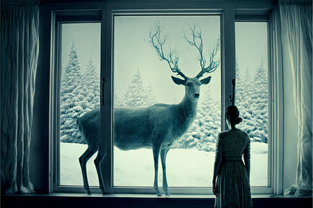 Girl looking through the window at the snow-covered forest and deerの素材