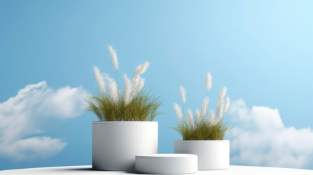 3d render of podiums and pampas grass in the skyの素材