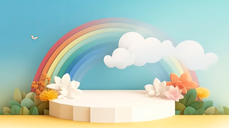 3d render of podium for product display with rainbow and clouds.の素材