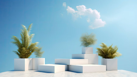 3d render of white podium with palm tree on blue sky backgroundの素材