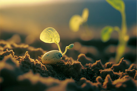 Green seedling growing from seed in the morning light. Concept of new life.の素材