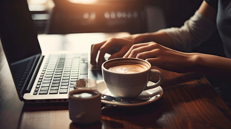 Close up image of a woman working on a laptop and drinking coffeeの素材