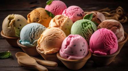 Variety of ice cream scoops in bowls on rustic wooden backgroundの素材