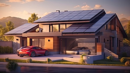 3d rendering of a modern house with solar panels installed on the roofの素材