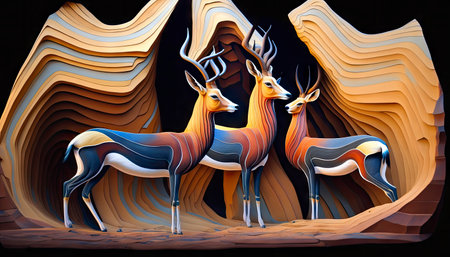 3d rendering of a pair of antelopes in a caveの素材