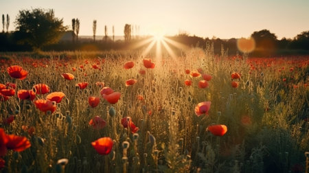 Poppies field at sunrise. Beautiful spring landscape with poppies.の素材