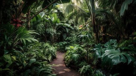 Pathway in tropical rainforest with palm trees and exotic plants.の素材