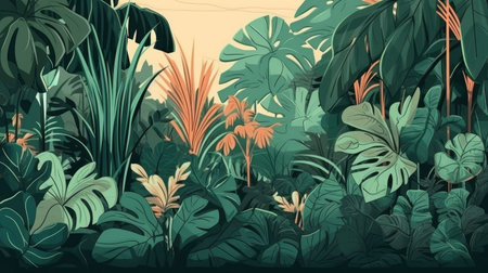 Tropical jungle landscape background. Vector illustration in flat cartoon styleの素材