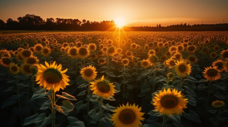 Sunflower field at sunset. Beautiful summer landscape with sunflowers.の素材