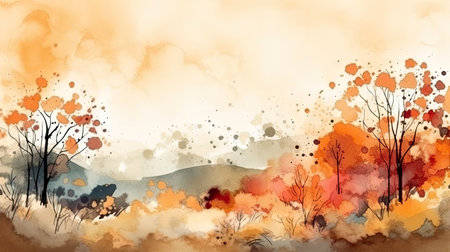 Watercolor autumn landscape with colorful trees and mountains. hand drawn illustrationの素材