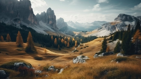 Panoramic view of Dolomites mountains in autumn, Italyの素材
