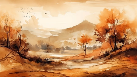 Autumn landscape with lake and mountains in the background. Digital painting.の素材