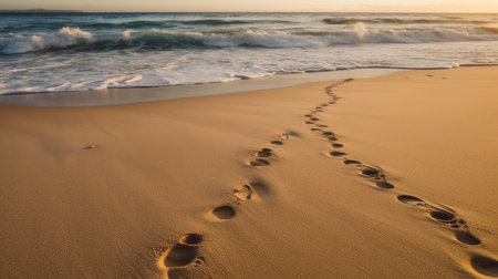 Footprints in the sand on a beach at sunset, Sri Lankaの素材