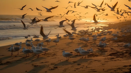 Seagulls on the beach at sunset. Seascape with seagulls.の素材