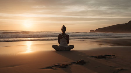 Woman practicing yoga on the beach at sunrise. Healthy lifestyle concept.の素材