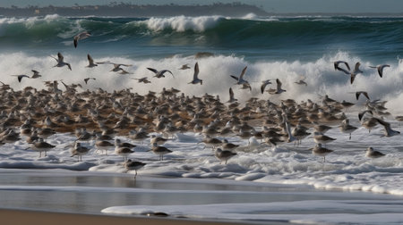 Flock of seagulls on the beach in winter.の素材
