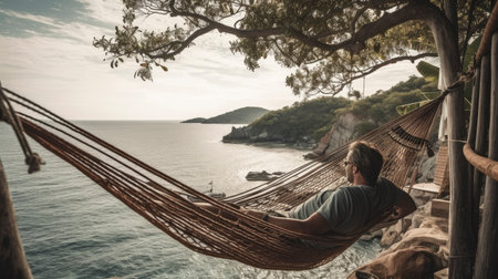 Man relaxing in a hammock on the beach in Montenegro.の素材