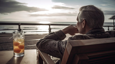Elderly man sitting in a restaurant by the sea and looking at sunsetの素材