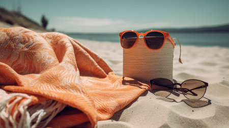 Vacation concept. Sunglasses and towel on the beach.の素材