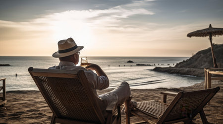 Man in hat and sunglasses sitting on a deckchair on the beach at sunsetの素材