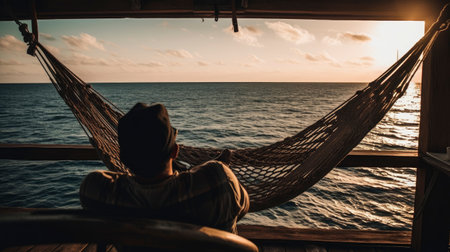 Man relaxing in hammock of cruise ship and looking at sunsetの素材