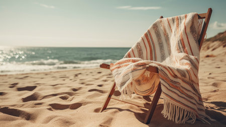 Beach chair with towel on sand near sea. holiday conceptの素材
