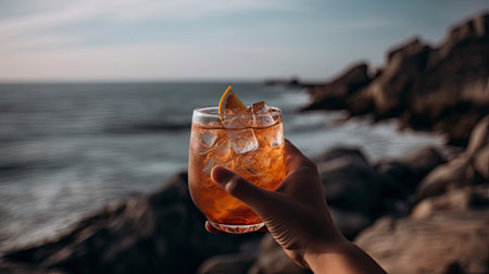 Female hand holds a cocktail on the background of the sea and rocks.の素材