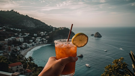Cocktail in hand on the background of the sea and mountainsの素材